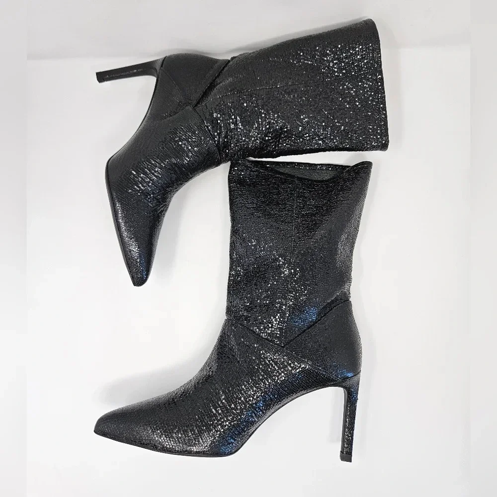 Allsaints Orlana Shimmer Black Boots Sz 10 Shimmery Leather Pointed Toe fall